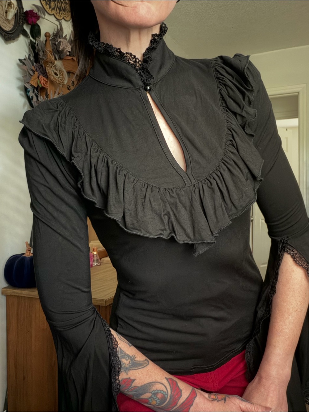 Killstar Black Ruffle High-Neck Split Sleeve Top